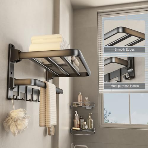 VOLDRA Towel Racks for Bathroom, 24-Inch Towel Shelf with Towel Bar Foldable Towel Holder with 7 Hooks Towel Storage Organizer for Bathroom & Lavatory Wall Mounted(Matte Black) - Image 3