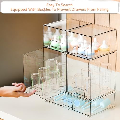 Yieach 5 Set Clear Stackable Storage Drawers and Acrylic Drawer Organizer,BPA Free Baby Bottle Organizer for Countertop and Bottle Station Organizer for Breast Pump Parts,Pacifier and Baby Accessories - Image 4