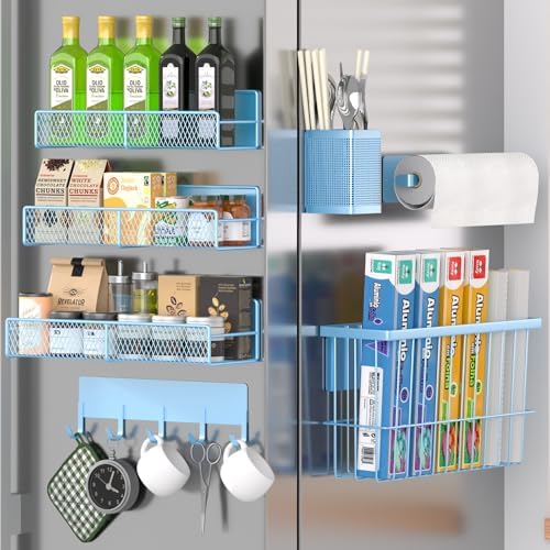 Magnetic Spice Rack for Refrigerator, 7 Pack Metal Magnetic Shelf, Moveable Magnetic Storage Fridge Organizer, Spice Organizer, Hook Rack, Paper Towel Holder, Utensils and Cutting Board Holder, Blue by DTUQYX