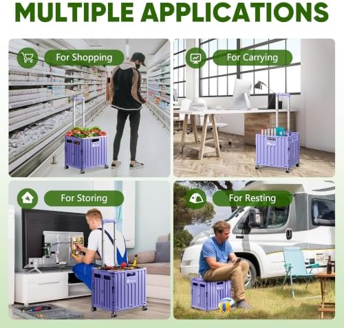 Folding Utility Cart, Portable Rolling Crate Handcart Collapsible Shopping Trolley with Lid, Foldable Tool Box Basket with 4 Rotate Wheels for Grocery, Office, Luggage, School - Purple - Image 6