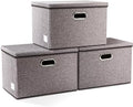 PRANDOM Large Collapsible Storage Bins with Lids [3-Pack] Linen/Cotton Blend Foldable Storage Boxes Organizer Containers Baskets Cube with Cover for Home Bedroom Closet Office Nursery(17.7x11.8x11.8) by Prandom