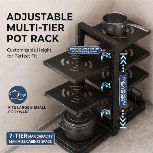 7 Tier Pots and Pans Organizer Under Cabinet, 20.8" Height Heavy Duty Pan Organizer Inside Cabinet, Adjustable Pot Rack Holds 120 Lbs, 15 Lbs Per Layer, for Dutch Oven Cast Iron Cookware & Lids - Image 5