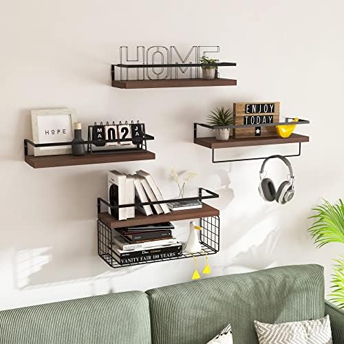 Wood Floating Shelves Wall Mounted - 4+1 Tier Rustic Bathroom Wall Shelves Over Toilet with Wire Storage Basket and Towel Bar, Set of 4 Farmhouse Floating Shelf for Bathroom, Kitchen, Bedroom. - Image 4