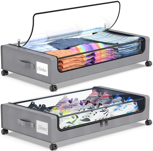 Beborxue Under Bed Storage with Wheels, 2-Pack Under the Bed Storage Containers with Lids, XXL 60L Under Bed Shoe Storage Organizer Bins, Rolling Underbed Storage for Clothes, Shoes, Blankets (Gray) by Beborxue-Life