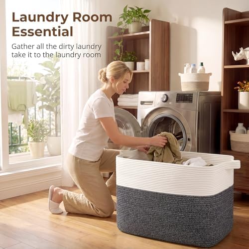 OIASKET 108L Cotton Rope Storage Basket for Living Room and Bedroom 25"x16"x16" Woven Laundry Basket, Heavy Duty Bin for Blankets, Pillows & Toys, Pet-Safe & Scratch-Free, Dark Grey and White - Image 6