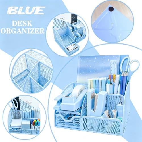 Blue Office Supplies, 17Pcs Blue Desk Accessories Set Include Stapler, Mesh Desk Organizer, Tape Dispenser, Staple Remover, Pen Holder, Clips, Pens, Ruler, for Office Home School Women Students Gift - Image 5