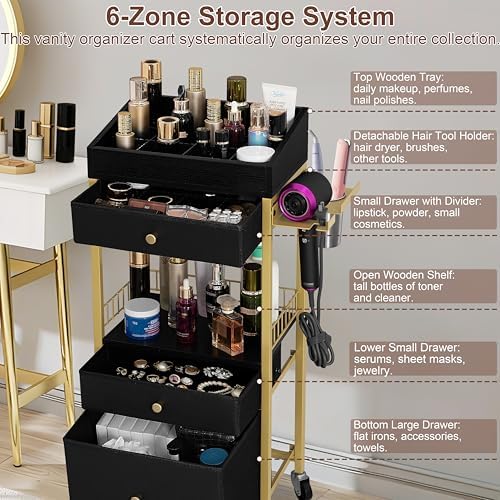 Makeup Organizer Cart, 3 Drawers, Vanity Organizer, Gold & Black - Image 3