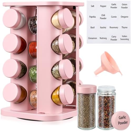 Yungyan Pink Square Rotating Spice Rack with 16 Empty Jars and Labels - Image 2