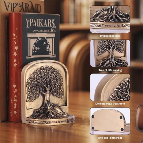 Resin Tree of Life Bookends Set, 2Pcs Decorative Non-Skid Book Ends for Heavy Books, Shelves, Bookcase or Desk - Antique Bronze Color Home Décor Gift, Library and Office Decor - Image 3