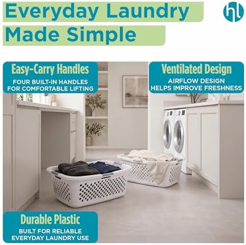Home Logic 1.5 Bushel Plastic Laundry Basket Front Load, Large Laundry Hamper with Handles, Ventilated Clothes Organizer for Bedroom Bathroom Closet, 4 Pack, White - Image 3