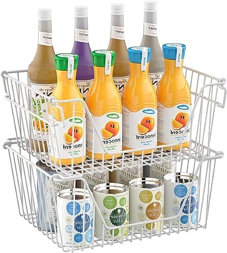 Stackable Wire Metal Baskets Cabinet Organizer Sturdy Metal Wire Pantry Freezer Bin with Handle for Kitchen Fruit Vegetable Organization, White, 3Packs - Image 4