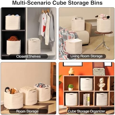 ICERZCZ 13 Inch Cube Closet Storage Bins, Woven Cotton Rope Organizer Baskets for Organizing & Shelves, Books, Towels, Clothes, Toys, 13x13x13 in, Off White (Pack of 3) - Image 5