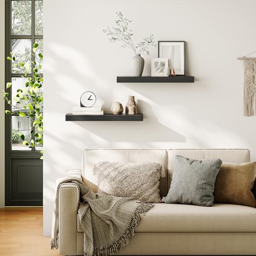 HOOBRO Floating Shelves for Wall, Wall Mounted Shelf Set of 2, 23.6" Hanging Shelf with Invisible Brackets, for Wall Decor Storage in Bathroom Bedroom Kitchen Living Room Office, Black BK60BJ01 - Image 2