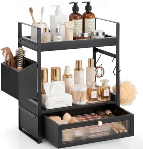 2-Tier Bathroom Counter Organizer with Acrylic Drawer & Basket, Wood Bathroom Countertop Organizer for Bathroom Decor, Rustic Black Bathroom Organizers and Storage, Bathroom Shelf for Office, Kitchen by Unknown