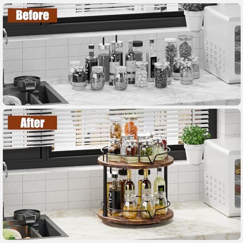 12" Wood Lazy Susan, 2 Tier-Rotating Spice Rack, Rustic Brown - Image 4