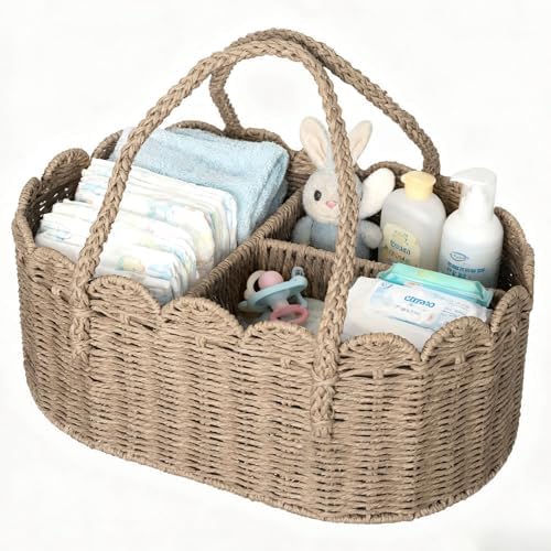 Diaper Caddy Organizer, Paper Rope Storage Baskets Nursery Bin with Removable Divider, Portable Car Organizer for Diapers, Baby Shower Gifts, Newborn Essentials Must Haves (Beige) by Unknown