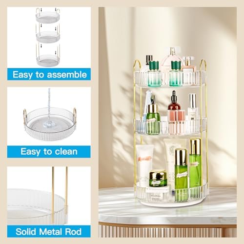360 Rotating Makeup Organizer, 3 Tier Large Capacity Lazy Susan Bathroom Counter Organizer, Skincare Organizers, Spinning Perfume Organizer & Vanity Organizer Countertop (Golden Clear, 3 Tier) - Image 4