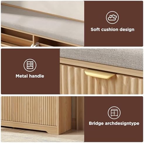Maupvit 39.4" Fluted Shoe Bench with Storage, Narrow Entryway Bench,Natural - Image 4