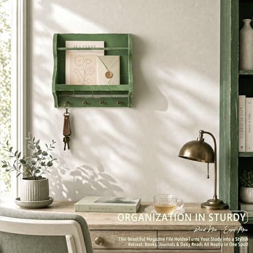 Pine Wood Mail Organizer Wall Mount with 7 Key Hooks for Room Decor, Green - Image 5