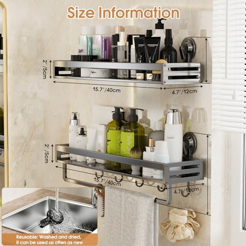 Suction Cup Shower Caddy with 5 Hooks & Towel Rrack 15.7inch Grey - Image 2