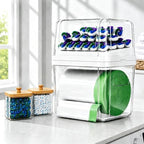 Trash Bag Holder & Dishwasher Pod Dispenser with 2 Bamboo Lid Storage Containers, Clear Acrylic Under Sink Organizer for Garbage Bags, Laundry Detergent Pods & Tabs, Kitchen Pantry Laundry Room by ZZWILLB