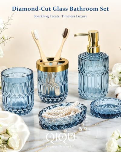 Blue Bathroom Accessories 5 Pcs, Glass Bathroom Accessory Set, Vintage Blue Bathroom Set, Soap Dispenser and Toothbrush Holder Set, Qtip Holder, Bathroom Sets Complete, Modern Bathroom Decor - Image 2