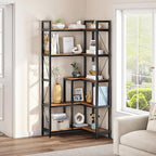CHOEZON Corner Bookshelf, 5-Tier L-Shaped Bookcase, Corner Shelf with Metal Frame, Industrial Tall Display Shelf, for Living Room, Home Office, Bedroom, Rustic Brown TSJ12BF - Image 3