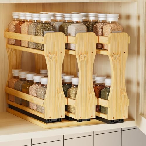 BAMEOS Pull Out Spice Rack Organizer for Cabinet, Bamboo Wide 7.7" Slide Out Seasoning Organizer for Kitchen, No Drill Anti-Tip Ball Bearing Silent Glides, Pantry Cabinet Organizer, Natural by BAMEOS