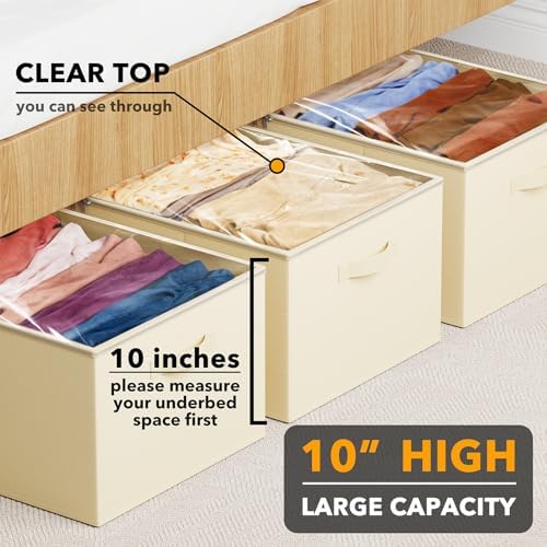 SpaceAid 3 Pack 10" High Under Bed Storage Containers, Large Underbed Storage Organizer Bins with Lids for Bedroom, Dorm, Clothes, Closet Organization, Bed Sheets and Blankets (Beige) - Image 2