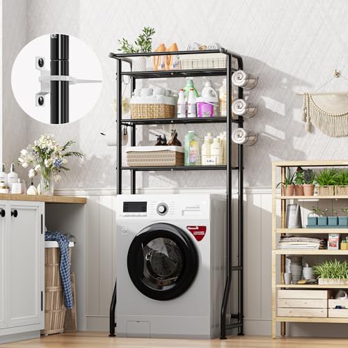 Simple Trending Over The Toilet Storage Cabinet, Metal Bathroom Shelf Organizer with Paper Holder and Hooks, 3 Tier, Black - Image 6