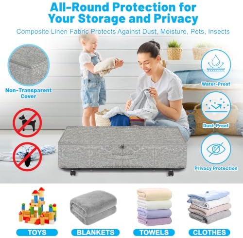 Large Sturdy Under Bed Storage with Wheels, 2 Pack 50L Rolling Underbed Storage Bins, Under Bed Containers Drawer with Metal Bottom Support, Bedroom Organizer with Lids for Clothes, Shoes, Blankets - Image 2