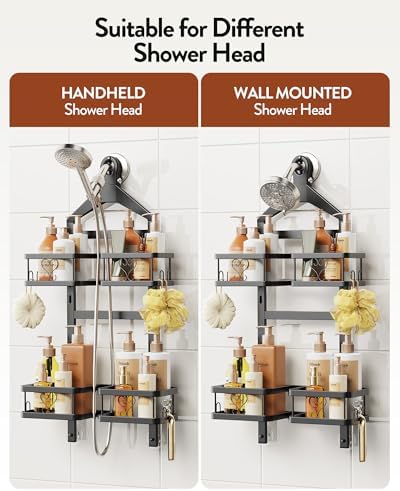 Orimade Adjustable Hanging Shower Caddy for Handheld Shower Heads, Rustproof Bathroom Shelf Organizer Over Showerhead Storage Rack with 8 Hooks, Easy-Clean Removable Baskets & Triple Anti-Slip Fixing - Image 3