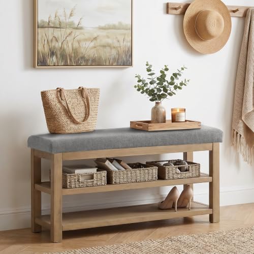 Zihanhome 2 Tier Shoe Rack Bench with Cushion, Solid Wood Shoe Benches, Mid-Century Modern Shoe Storage Bench for Entryway, Hallway, Living Room, Closet, Front Door Entrance, (Grey, 39.4") - Image 3