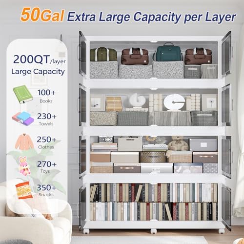 200Gal Extra Large Foldable Storage Organizer with Lid, 800QT Stackable Plastic Storage Bins with Clear Magnetic Doors & Wheels, for Bedroom Garage Closet Kitchen Dorm Home (4‑Pack) - Image 3