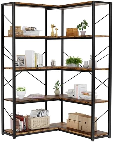 Shintenchi 5 Tier Corner Bookshelf, L Shaped Large Bookcase, Rustic Brown - Image 3
