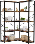 Shintenchi 5 Tier Corner Bookshelf, L Shaped Large Bookcase, Rustic Brown - Image 3