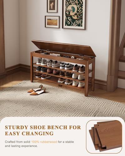 IUNVR Shoe Rack Bench Seat Rubberwood 3-Tier Wooden Storage Bench 550lbs Compact Mid-Century Modern Design for Entryway, Hallway, Closet, Front Door Entrance, Foyer - Image 5