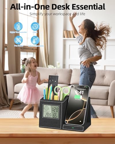 Desk Organizer with Wireless Charger, Digital Clock, Thermometer - Image 3