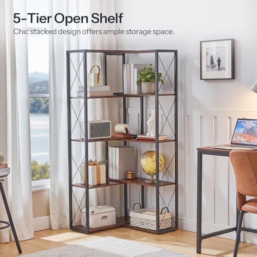 HOOBRO Corner Bookshelf, 5-Tier Industrial Corner Bookcase, Open Display Storage Rack, Vertical or L-Shaped, for Office, Living Room, Bedroom, Rustic Brown and Black BF66SJ01 - Image 5