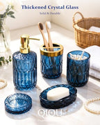 Bathroom Accessories Set, 5Pcs Glass Bathroom Accessories, Soap Dispenser, Soap Dish, Toothbrush Holder Set, Tumbler, Qtips Holder for Vintage Crystal Bath Decor (Navy Blue) - Image 3