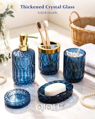 Bathroom Accessories Set, 5Pcs Glass Bathroom Accessories, Soap Dispenser, Soap Dish, Toothbrush Holder Set, Tumbler, Qtips Holder for Vintage Crystal Bath Decor (Navy Blue) - Image 3