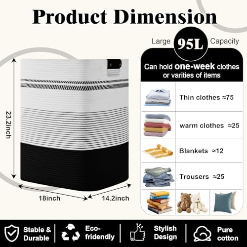Laundry Hamper, 95L Tall Laundry Basket with Leather Handles, Rectangle Large Clothes Hamper for Organizing, Cotton Woven Laundry Baskets Storage Hampers for Bedroom, Nursery, Living Room - Image 4
