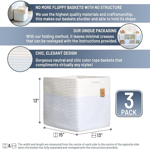 NaturalCozy 13x15x13 Kallax Storage Cubes Bins, 3 Pack | Cotton Rope Cube Storage Bin Woven Baskets for Organizing | Kallax Insert Storage Baskets for Shelves Organizer, Kids Toy, Closet Baby Nursery - Image 2