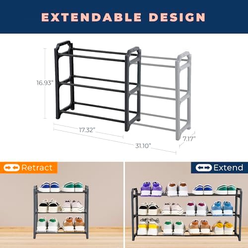 Happhom 3-Tier Expandable Shoe Organizer - Space Saver Shoe Shelf with Smart Design for Closet, Entryway and Small Spaces, Dark Grey (CSR-01) - Image 2