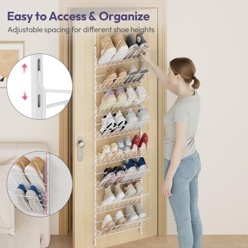 SWTYMIKI Over the Door Shoe Organizer - Adjustable 8 Tier Hanging Shoe Rack Organizer, Metal Heavy Duty Behind Door Storage or Wall Mount Shoes Shelf for Flats, Heels, Sneakers, Boots, White - Image 6