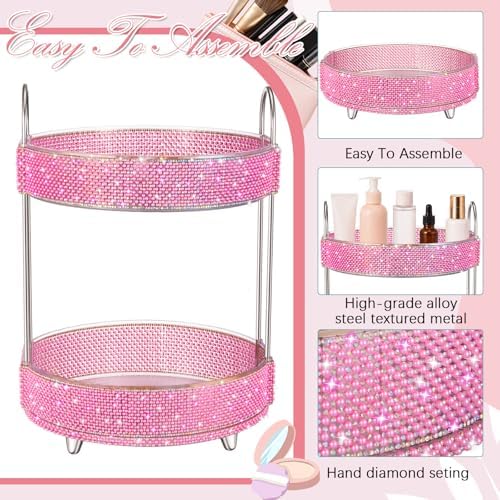 Honeydak Rotating Perfume Organizer Tray, 2 Tiers, Pearl, Pink - Image 3