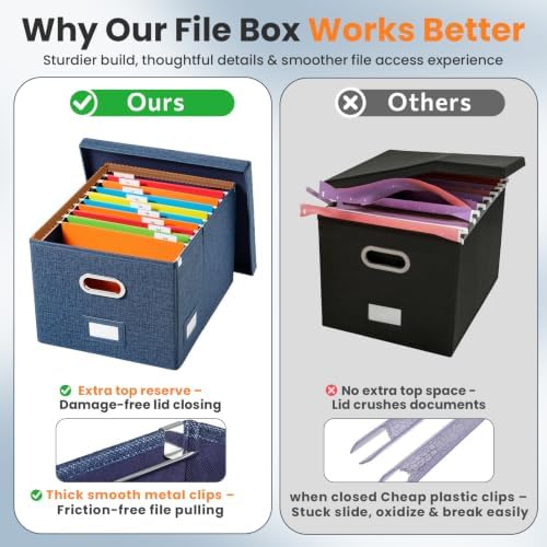 Hanging File Box with Lid & Metal Rails 16.7"x 13.6" x 11.2", Blue - Image 5