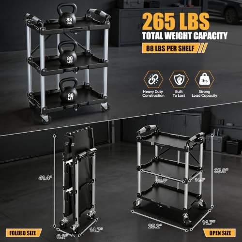 3-Tier Folding Utility Cart, Heavy Duty Rolling Cart with Wheels - Image 2