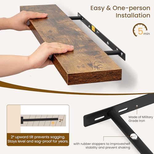 Dreamland 36Inch Floating Shelves for Wall, Rustic Wooden Floating Shelves for Bathroom|Bedroom|Kitchen, 2 Pack Deep Wall Mounted Book Shelf, Wood Storage Display Shelf for Home Decor, Brown - Image 5