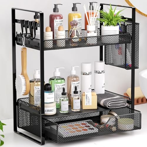 VITVITI 2 Tier Bathroom Organizer Countertop with Drawer, Metal Mesh Bathroom Counter Vanity Organizer Storage, Bath Room Sink Kitchen Spice Rack with Basket Hooks, Black by VITVITI